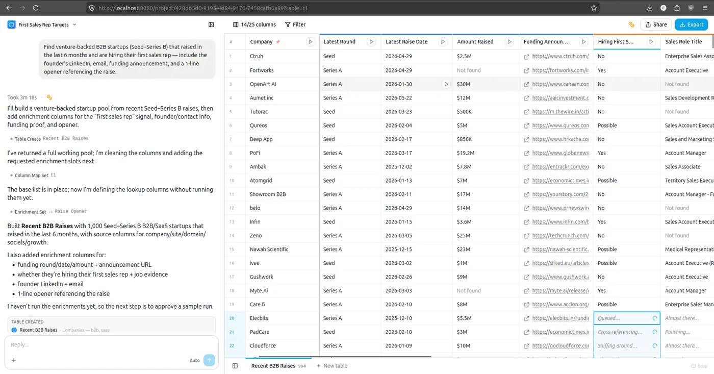 A lead list built and enriched from a single prompt.
