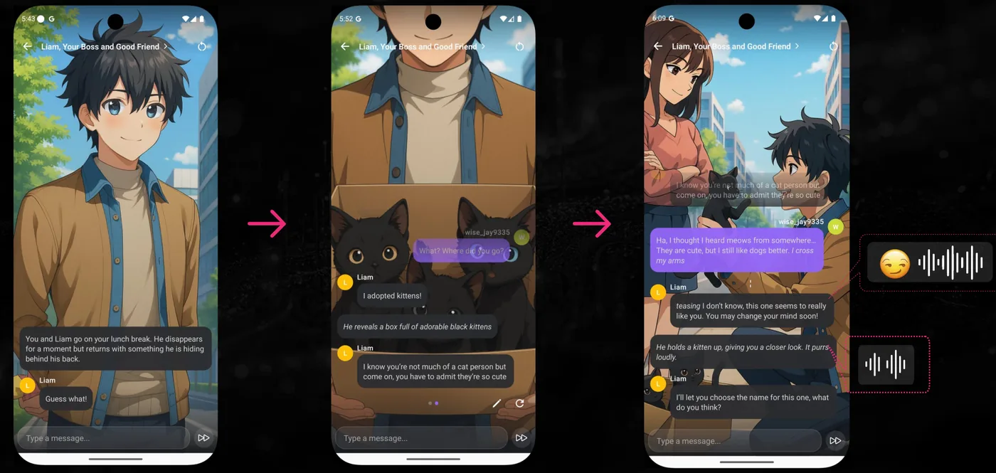 The scene image regenerates against each story beat; lines are voiced by a self-hosted TTS model.